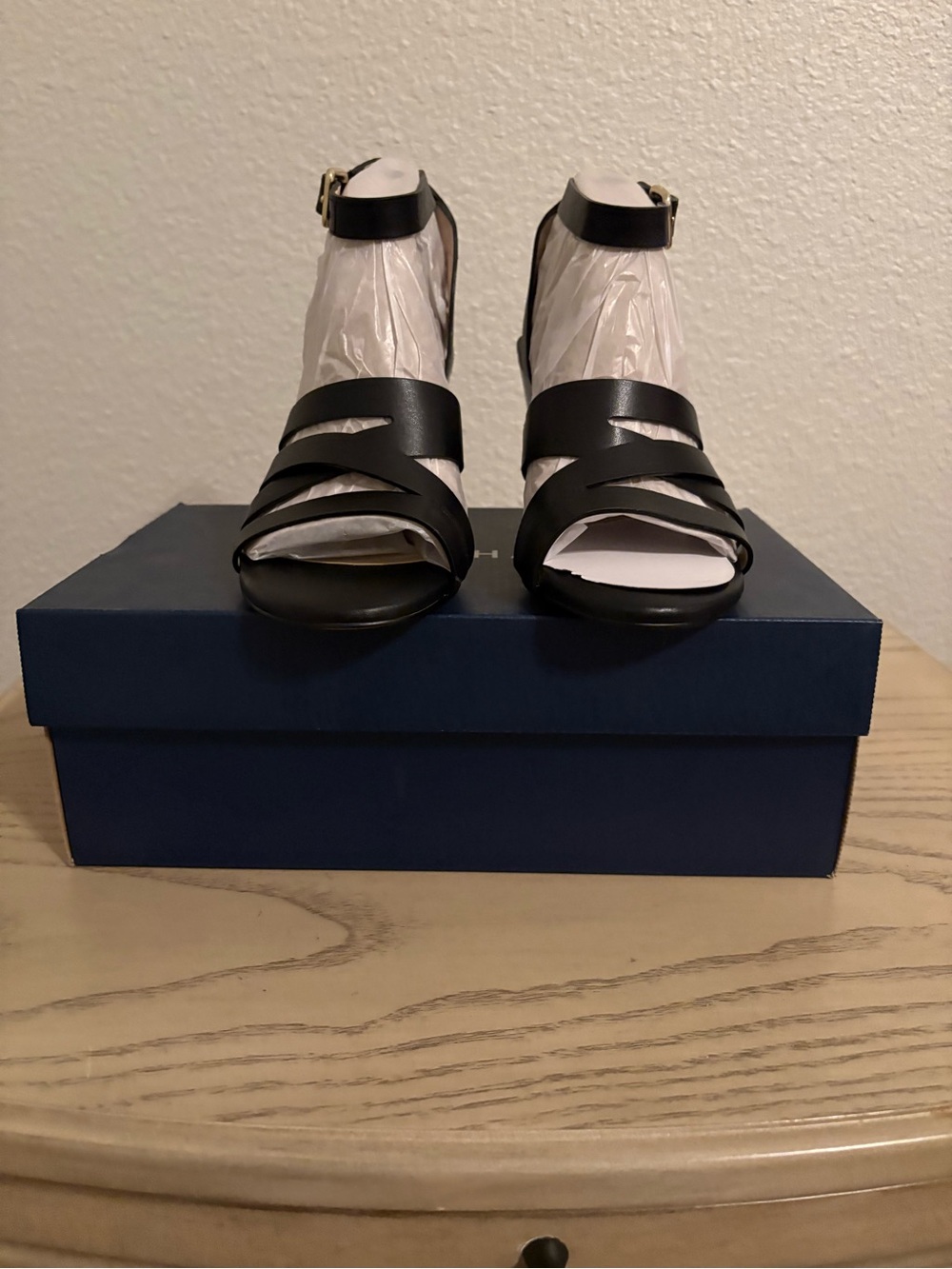 Cole Haan Black Leather Strappy Wedge Sandals with Ankle Buckle - Picture 2 of 5
